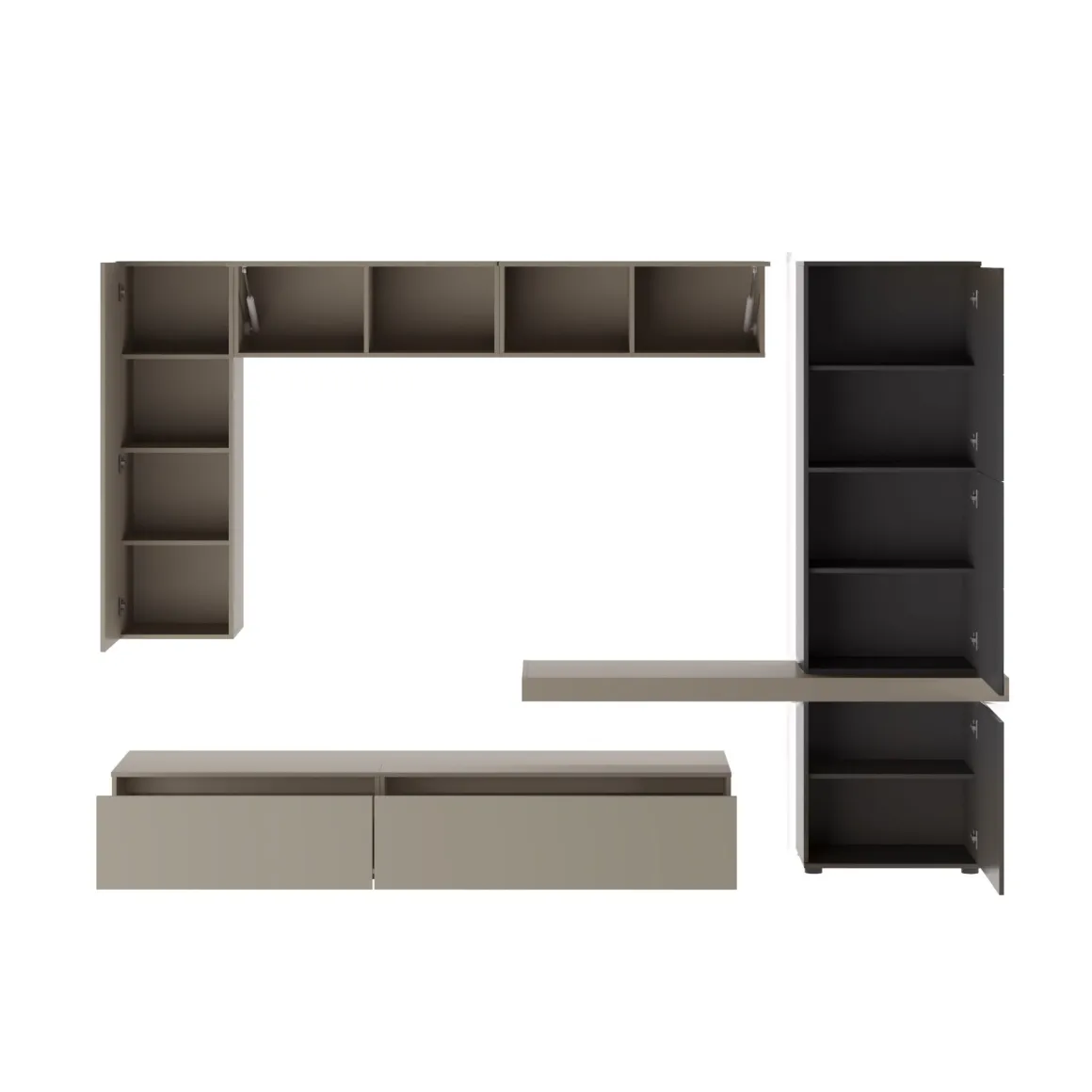 Parete Attrezzata Grigio Tortora Nero Antracite 5 Ripiani 2 Cassetti, Modulabile - Portula