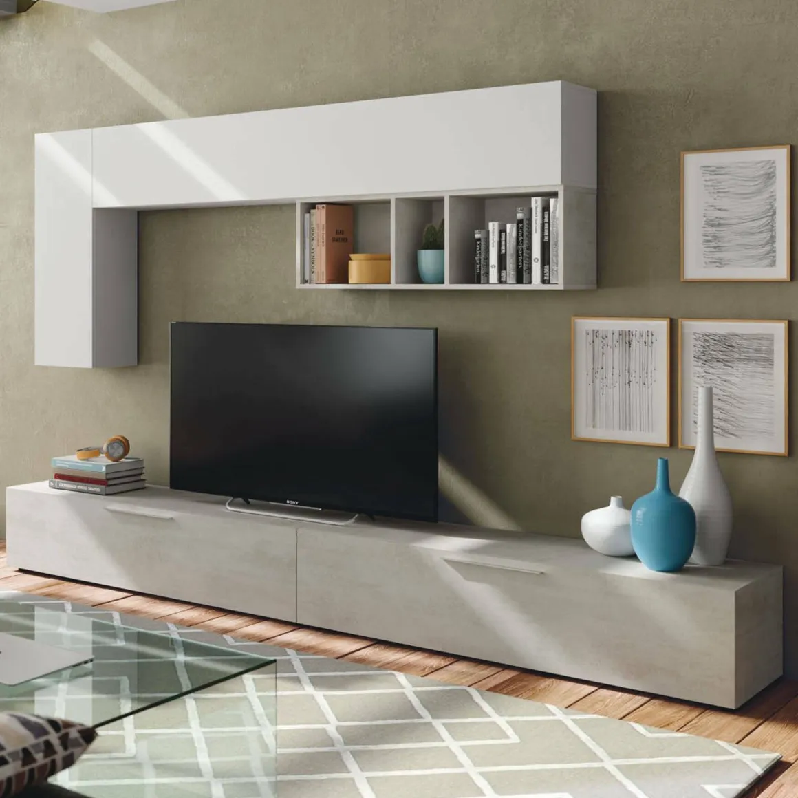 Parete attrezzata in legno 130cm cemento e bianca - Adelfa
