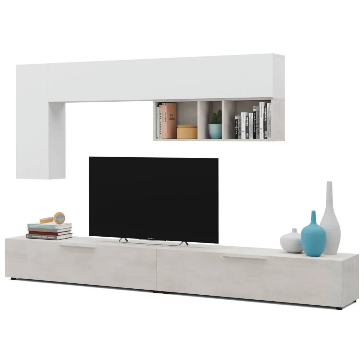 Parete attrezzata in legno 130cm cemento e bianca - Adelfa