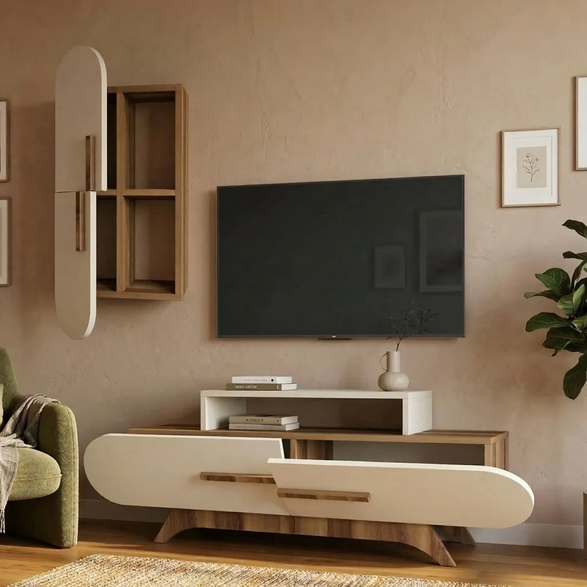 Pareti Attrezzate > Dmora Parete Attrezzata Marrona Noce Bianco 6 Ripiani Modulabile, Apertura Battente, a Ribalta - Ossimo Bianco, Marrone Noce