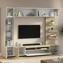 Parete Attrezzata Marrone Acero Beige Cashmere 8 Ripiani 5 Ante 245x40x191.2h cm, Apertura Battente - Galatina