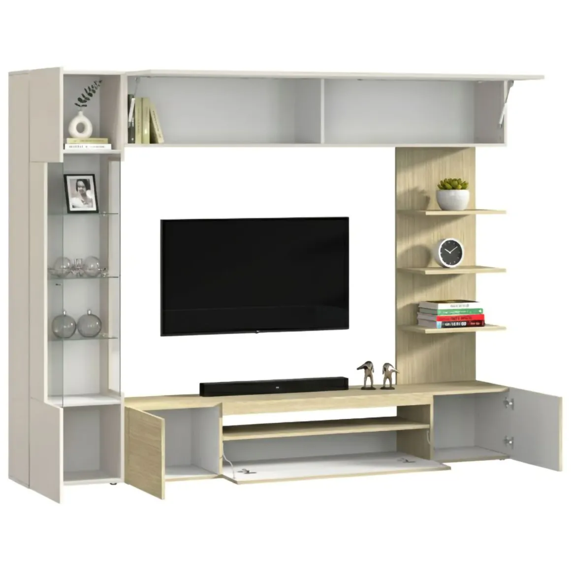 Parete Attrezzata Marrone Acero Beige Cashmere 8 Ripiani 5 Ante 245x40x191.2h cm, Apertura Battente - Galatina