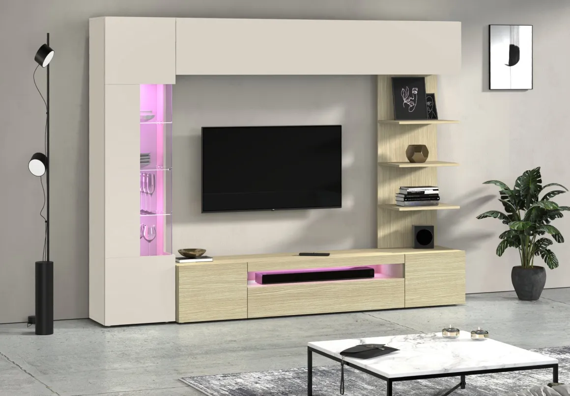 Parete Attrezzata Marrone Acero Beige Cashmere 8 Ripiani 5 Ante 245x40x191.2h cm, Apertura Battente - Galatina