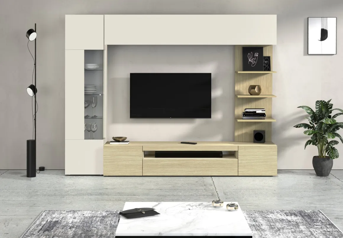 Parete Attrezzata Marrone Acero Beige Cashmere 8 Ripiani 5 Ante 245x40x191.2h cm, Apertura Battente - Galatina