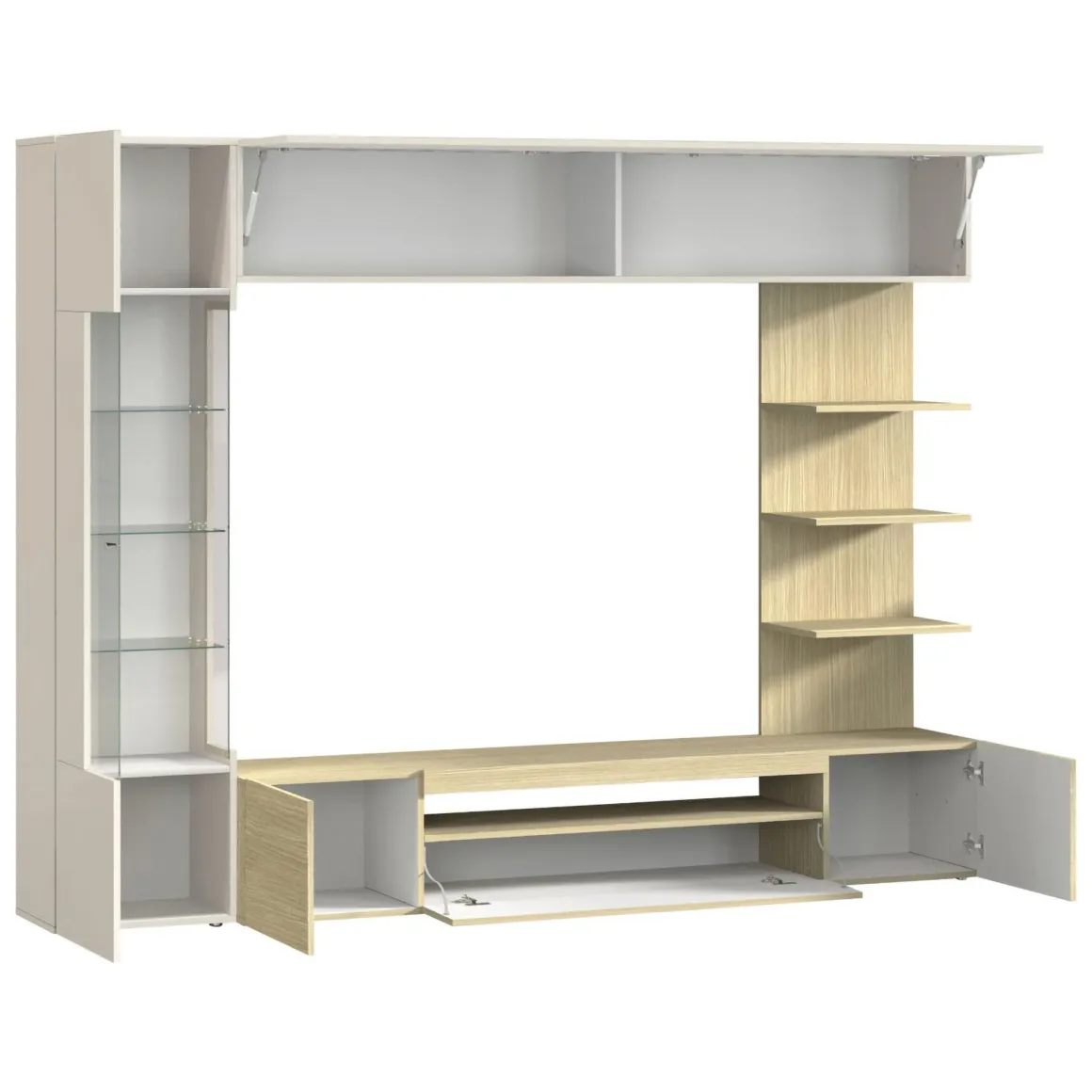 Parete Attrezzata Marrone Acero Beige Cashmere 8 Ripiani 5 Ante 245x40x191.2h cm, Apertura Battente - Galatina