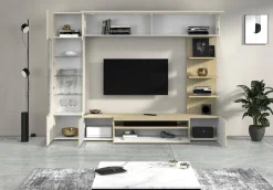 Parete Attrezzata Marrone Acero Beige Cashmere 8 Ripiani 5 Ante 245x40x191.2h cm, Apertura Battente - Galatina