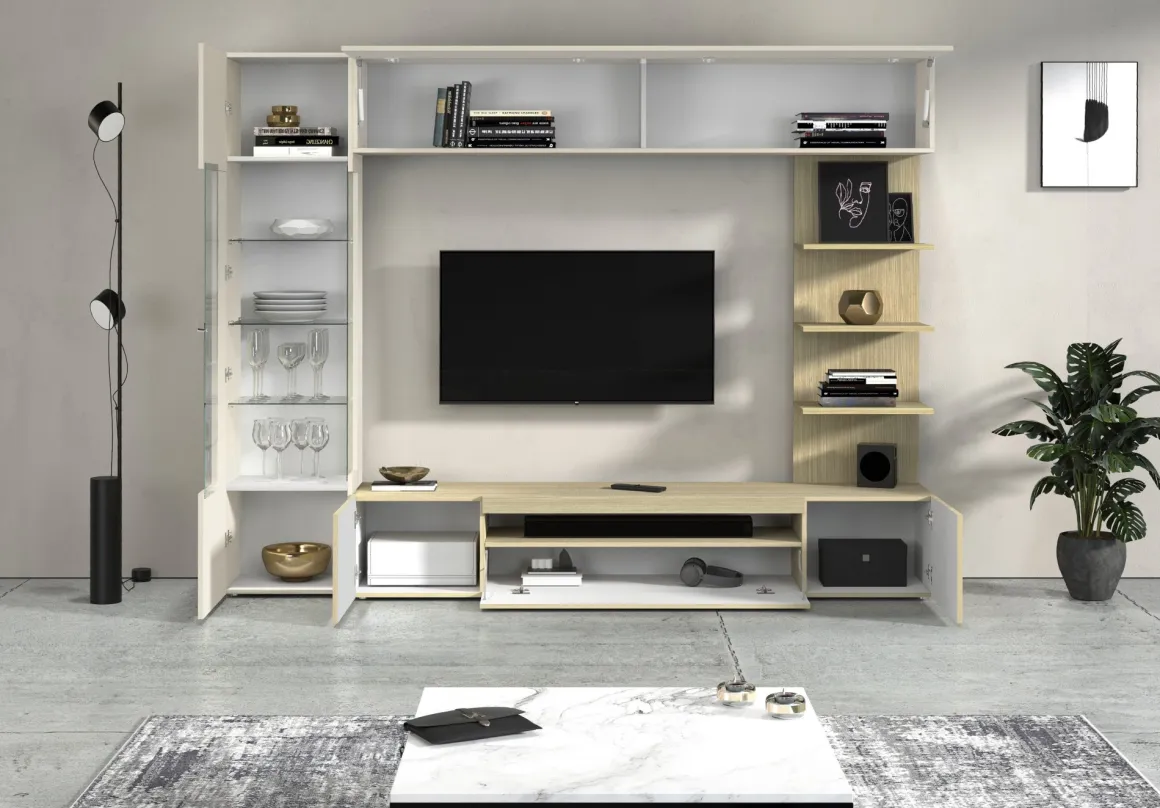 Parete Attrezzata Marrone Acero Beige Cashmere 8 Ripiani 5 Ante 245x40x191.2h cm, Apertura Battente - Galatina