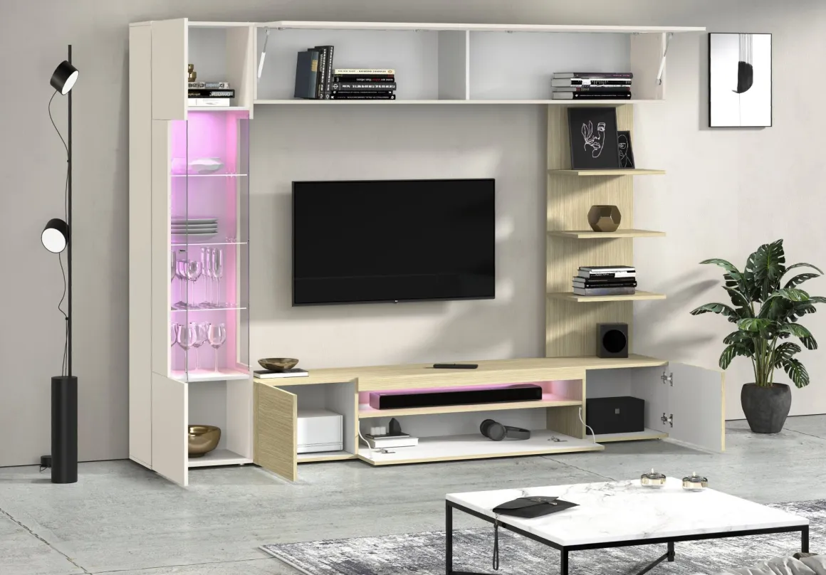 Parete Attrezzata Marrone Acero Beige Cashmere 8 Ripiani 5 Ante 245x40x191.2h cm, Apertura Battente - Galatina