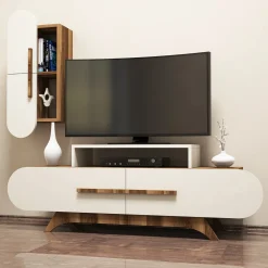 Parete Attrezzata Marrone Noce Bianco Crema Modulabile 8 Ripiani, 7 Vani - Genola