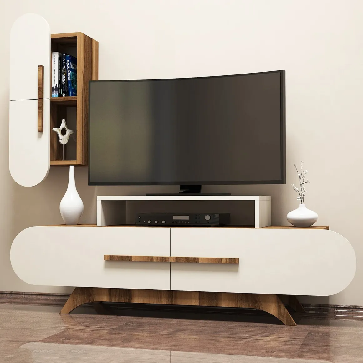 Parete Attrezzata Marrone Noce Bianco Crema Modulabile 8 Ripiani, 7 Vani - Genola