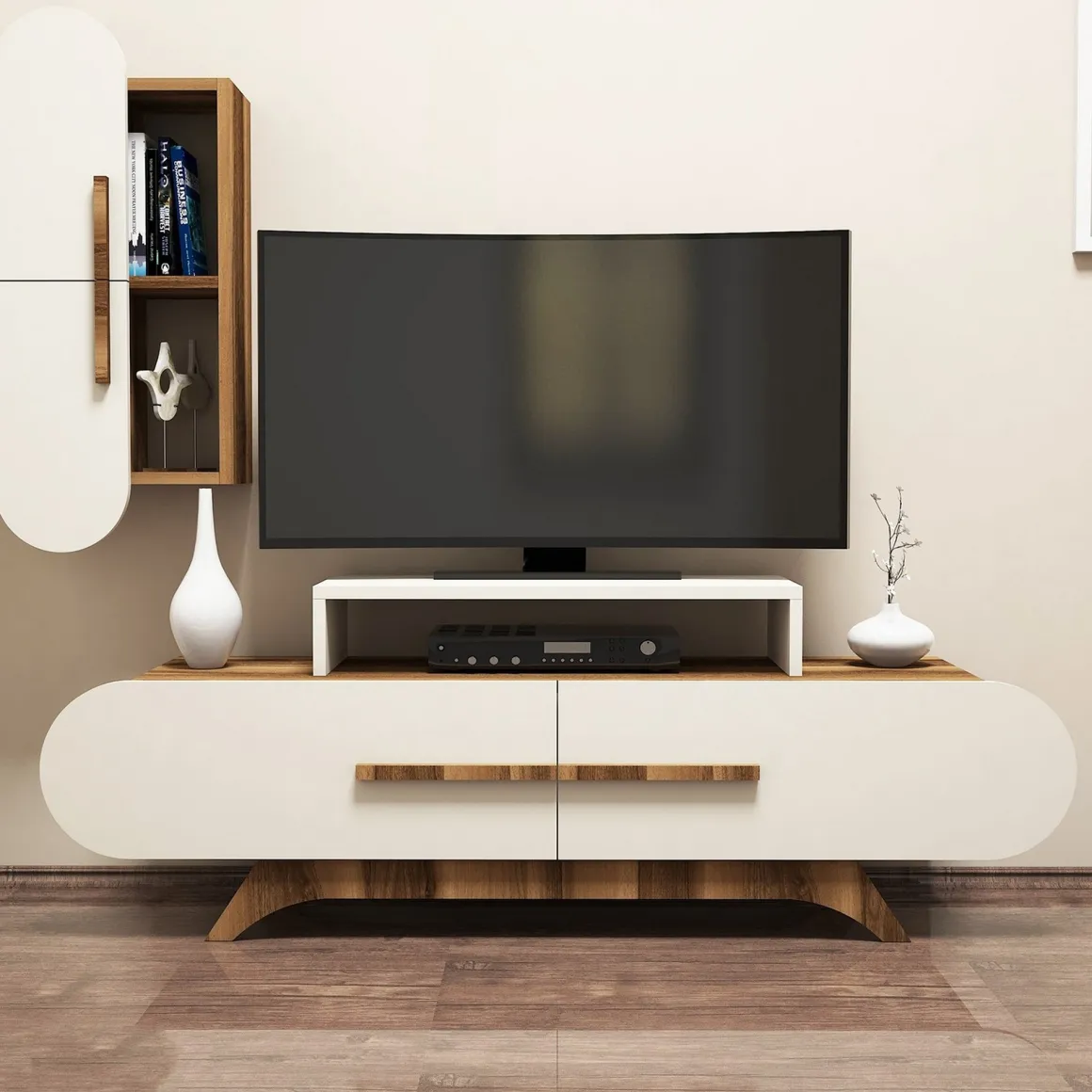 Parete Attrezzata Marrone Noce Bianco Crema Modulabile 8 Ripiani, 7 Vani - Genola