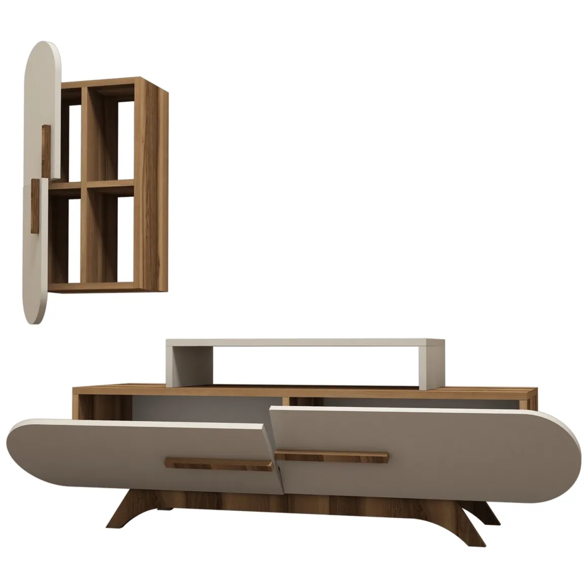 Parete Attrezzata Marrone Noce Bianco Crema Modulabile 8 Ripiani, 7 Vani - Genola