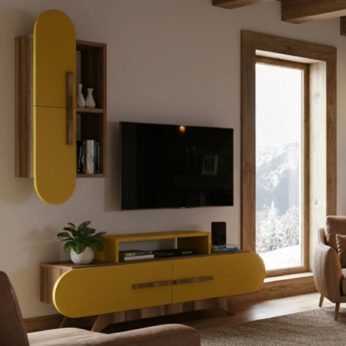 Parete Attrezzata Marrone Noce Giallo 6 Ripiani Modulabile, Apertura Battente, a Ribalta - Ossimo