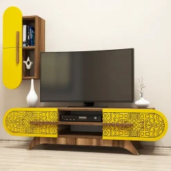 Parete Attrezzata Marrone Noce Giallo Modulabile 7 Ripiani, 4 Ante - Busca