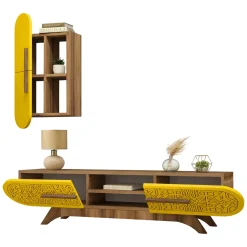 Parete Attrezzata Marrone Noce Giallo Modulabile 7 Ripiani, 4 Ante - Busca