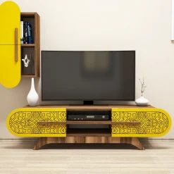 Parete Attrezzata Marrone Noce Giallo Modulabile 7 Ripiani, 4 Ante - Busca