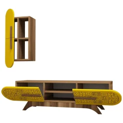 Parete Attrezzata Marrone Noce Giallo Modulabile 7 Ripiani, 4 Ante - Busca