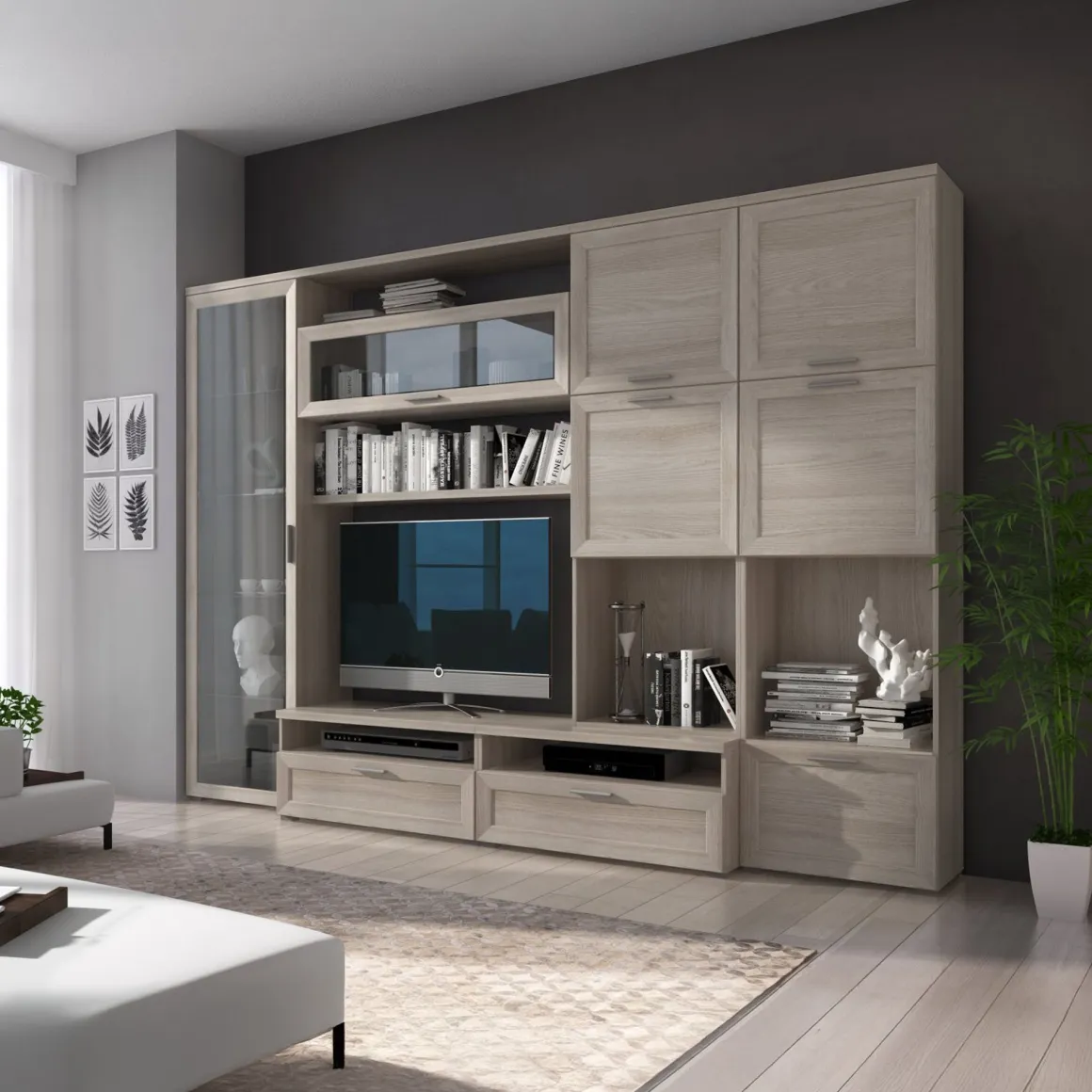 Pareti Attrezzate > Dmora Parete Attrezzata Marrone Olmo Bianco Lucido 5 Ripiani Modulabile, 24 Vani - Faggian Bianco Lucido, Marrone Olmo
