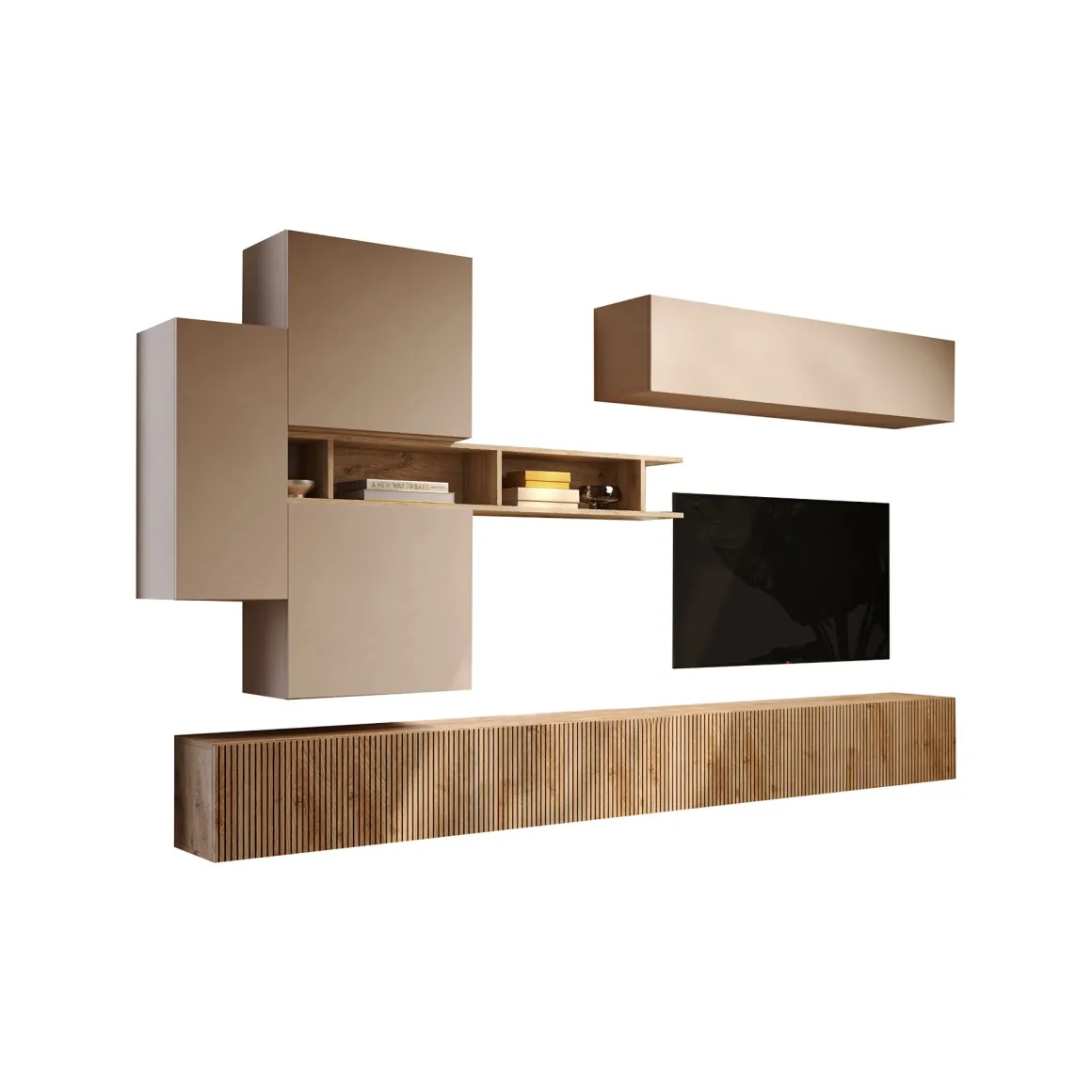 Parete Attrezzata Marrone Pero Bianco Crema Modulabile un Ripiano, set Componibile Made in Italy - Calascio