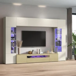 Parete Attrezzata Marrone Rovere Beige Cashmere 14 Ripiani 6 Ante 290x40x190h cm, Apertura Battente - Solopaca