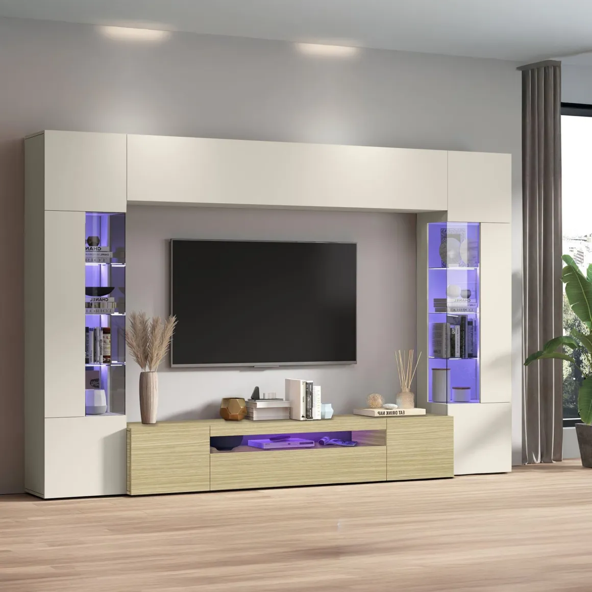 Parete Attrezzata Marrone Rovere Beige Cashmere 14 Ripiani 6 Ante 290x40x190h cm, Apertura Battente - Solopaca