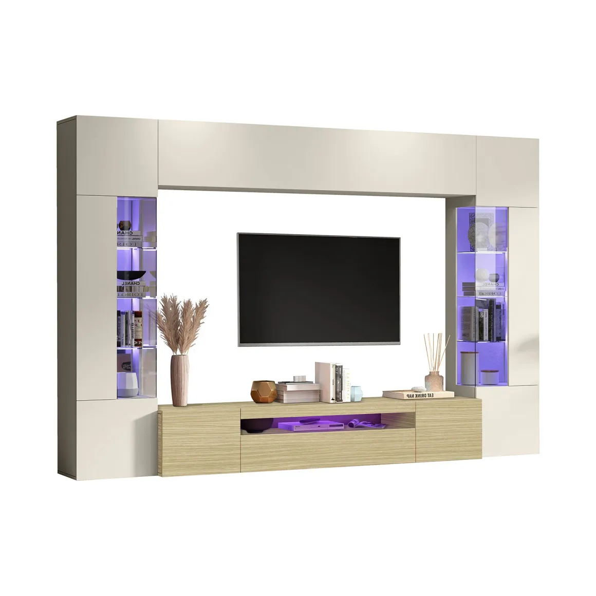 Parete Attrezzata Marrone Rovere Beige Cashmere 14 Ripiani 6 Ante 290x40x190h cm, Apertura Battente - Solopaca