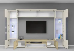 Parete Attrezzata Marrone Rovere Beige Cashmere 14 Ripiani 6 Ante 290x40x190h cm, Apertura Battente - Solopaca