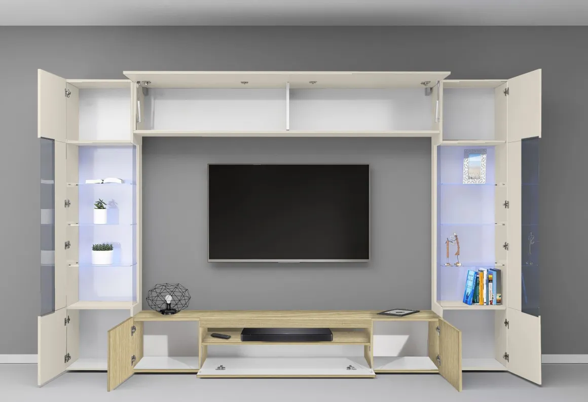 Parete Attrezzata Marrone Rovere Beige Cashmere 14 Ripiani 6 Ante 290x40x190h cm, Apertura Battente - Solopaca