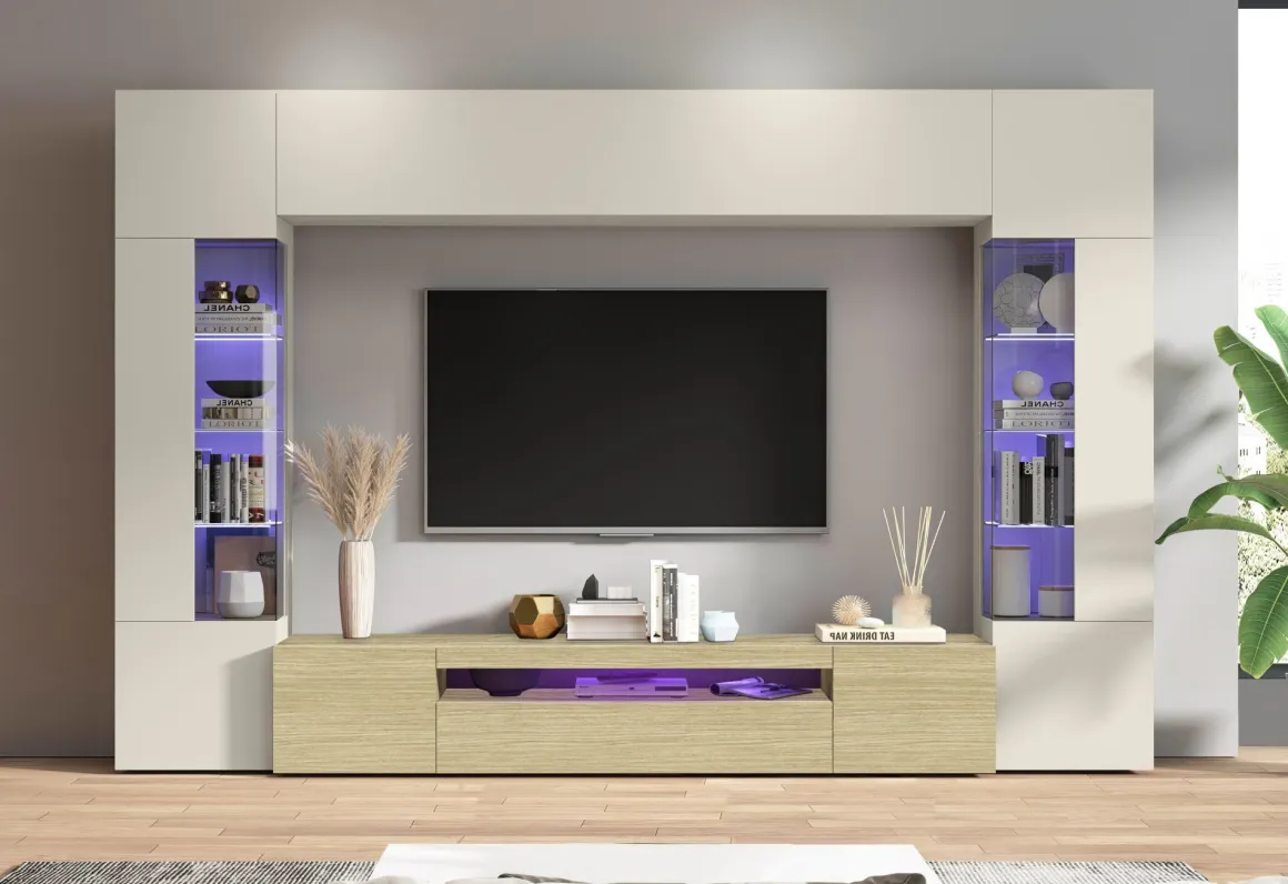 Parete Attrezzata Marrone Rovere Beige Cashmere 14 Ripiani 6 Ante 290x40x190h cm, Apertura Battente - Solopaca