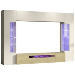 Parete Attrezzata Marrone Rovere Beige Cashmere 14 Ripiani 6 Ante 290x40x190h cm, Apertura Battente - Solopaca
