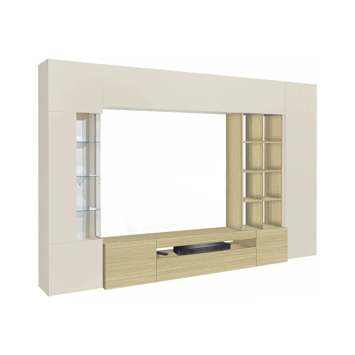 Pareti Attrezzate > Dmora Parete Attrezzata Marrone Rovere Beige Cashmere 14 Ripiani 6 Ante 290x40x191.2h cm, Apertura Battente - Sabbia Beige Cashmere, Marrone Rovere