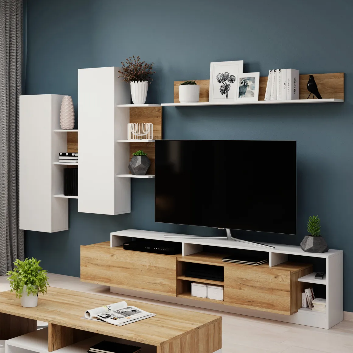 Pareti Attrezzate > Dmora Parete Attrezzata Marrone Rovere Grigio Bianco 7 Ripiani 10 Vani 170.5x41.5x170.5h cm, Un'anta - Moggio Bianco, Marrone Rovere Grigio