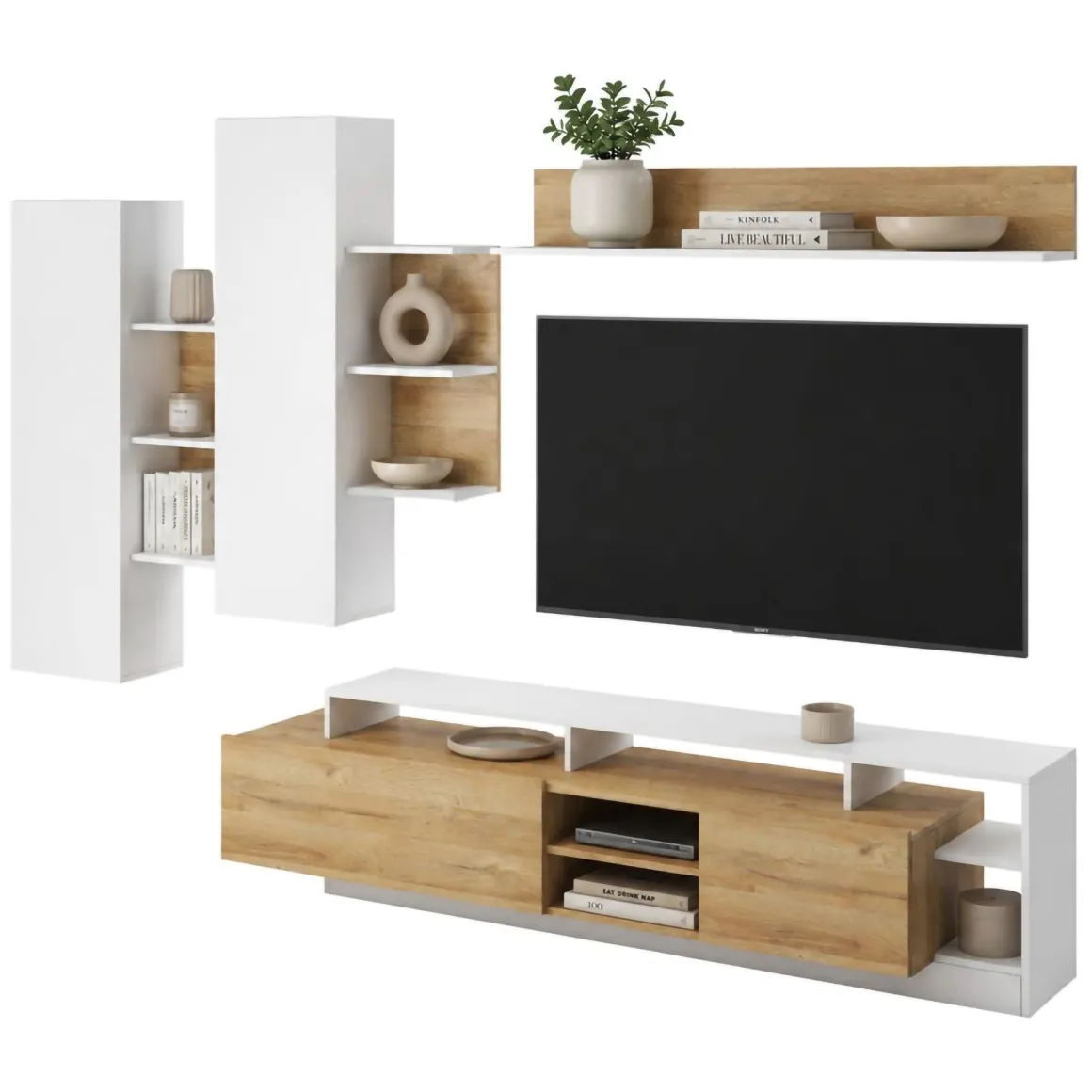 Pareti Attrezzate > Dmora Parete Attrezzata Marrone Rovere Grigio Bianco 7 Ripiani 10 Vani 170.5x41.5x170.5h cm, Un'anta - Moggio Bianco, Marrone Rovere Grigio