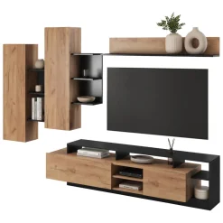 Parete Attrezzata Marrone Rovere Nero Antracite Modulabile 12 Ripiani, 20 Vani - Kamotiba