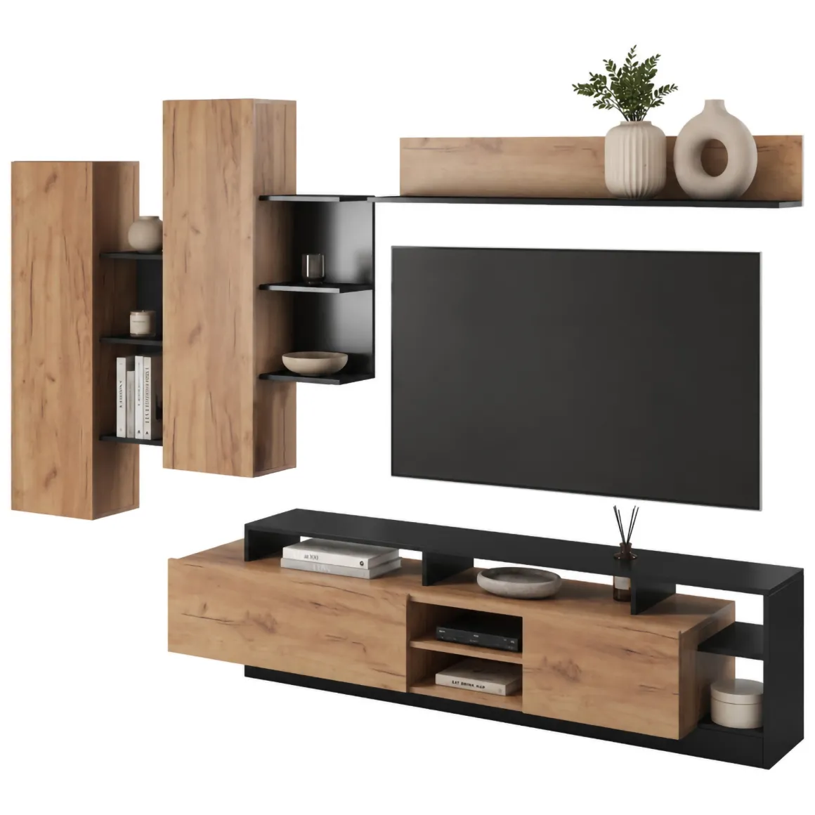 Pareti Attrezzate > Dmora Parete Attrezzata Marrone Rovere Nero Modulabile 8 Ripiani 263x40x167h cm, 7 Vani - Caropepe Nero, Marrone Rovere
