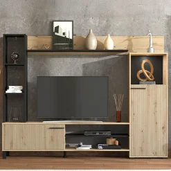 Pareti Attrezzate > Dmora Parete Attrezzata Marrone Rovere Nodi Nero 8 Ripiani Modulabile 263x40x167h cm, 7 Vani - Petrona Nero, Marrone Rovere Nodi