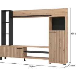 Parete Attrezzata Marrone Rovere Nodi Nero 8 Ripiani 9 Vani 207.5x33x157.5h cm, 2 Ante - Rovato