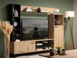 Parete Attrezzata Marrone Rovere Nodi Nero 8 Ripiani 9 Vani 207.5x33x157.5h cm, 2 Ante - Rovato