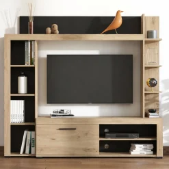 Pareti Attrezzate > Dmora Parete Attrezzata Marrone Rovere Nodi Nero Modulabile 7 Ripiani 195.5x33x139.5h cm, 3 Ante - Montiano Nero, Marrone Rovere Nodi