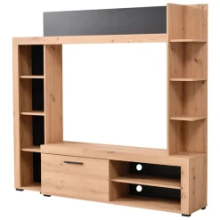 Pareti Attrezzate > Dmora Parete Attrezzata Marrone Rovere Nodi Nero Modulabile 7 Ripiani 195.5x33x139.5h cm, 3 Ante - Montiano Nero, Marrone Rovere Nodi
