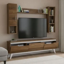 Pareti Attrezzate > Dmora Parete attrezzata moderna 180cm noce e crema - Gordon Bianco Crema, Marrone Noce