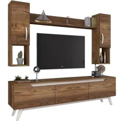 Pareti Attrezzate > Dmora Parete attrezzata moderna 180cm noce e crema - Gordon Bianco Crema, Marrone Noce