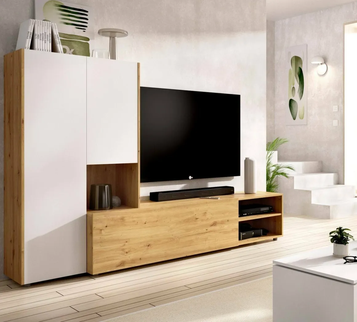 Parete attrezzata modulabile 227cm legno e bianca - Abrino