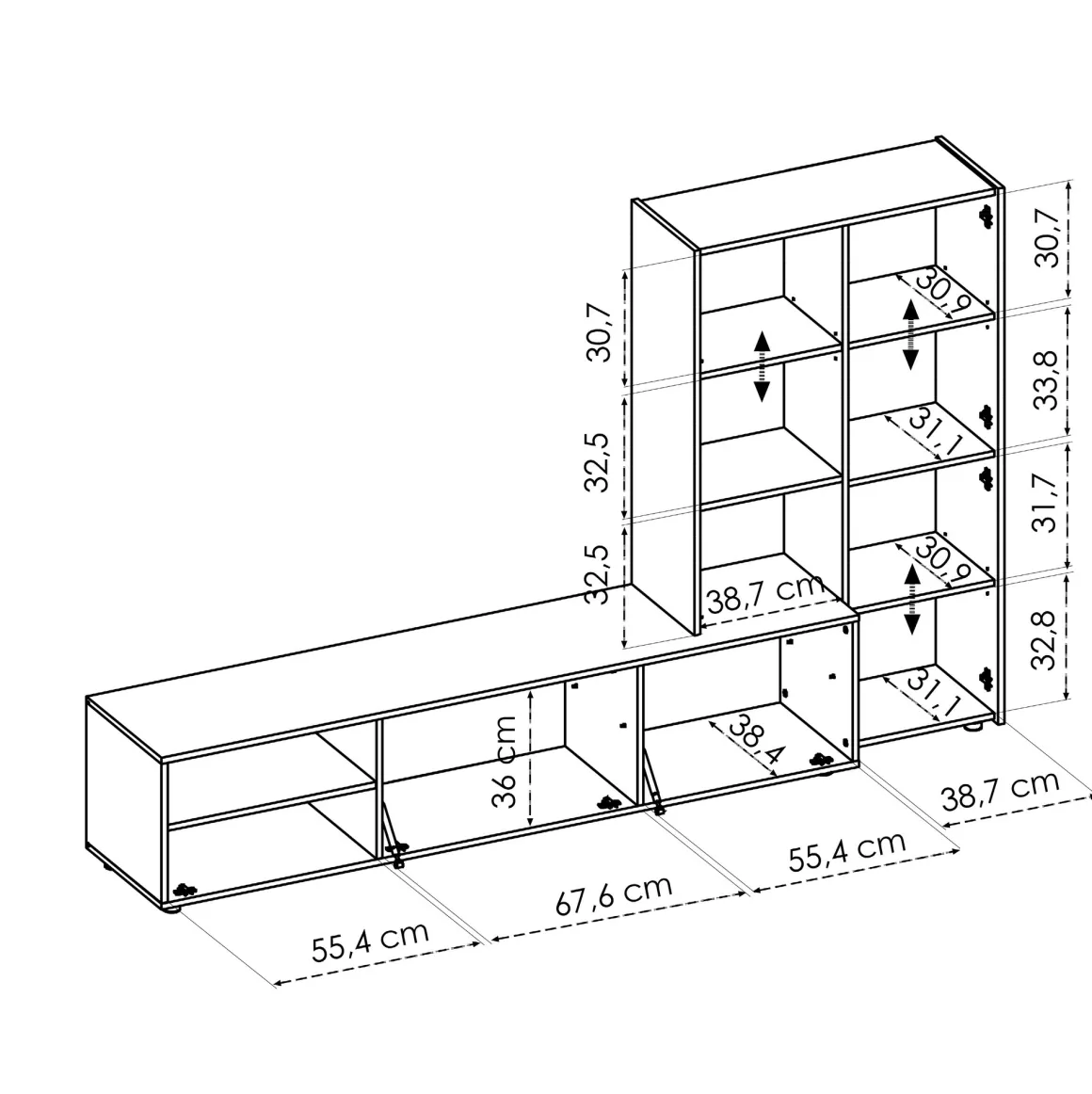 Parete attrezzata modulabile 227cm legno e bianca - Abrino