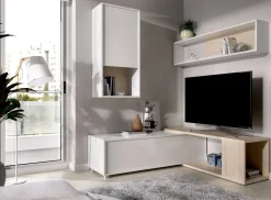 Salotto|Pareti Attrezzate > Dmora Parete attrezzata modulabile 230cm bianca lucida e rovere - Fortuna Marrone Rovere, Bianco Lucido
