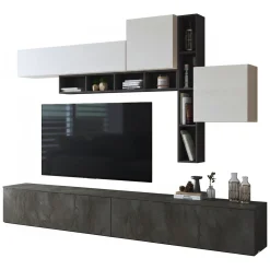 Pareti Attrezzate > Dmora Parete Attrezzata Nero Antracite Bianco Marmo Modulabile 4 Ripiani, 10 Vani - Saluzzo Bianco Marmo, Nero Antracite
