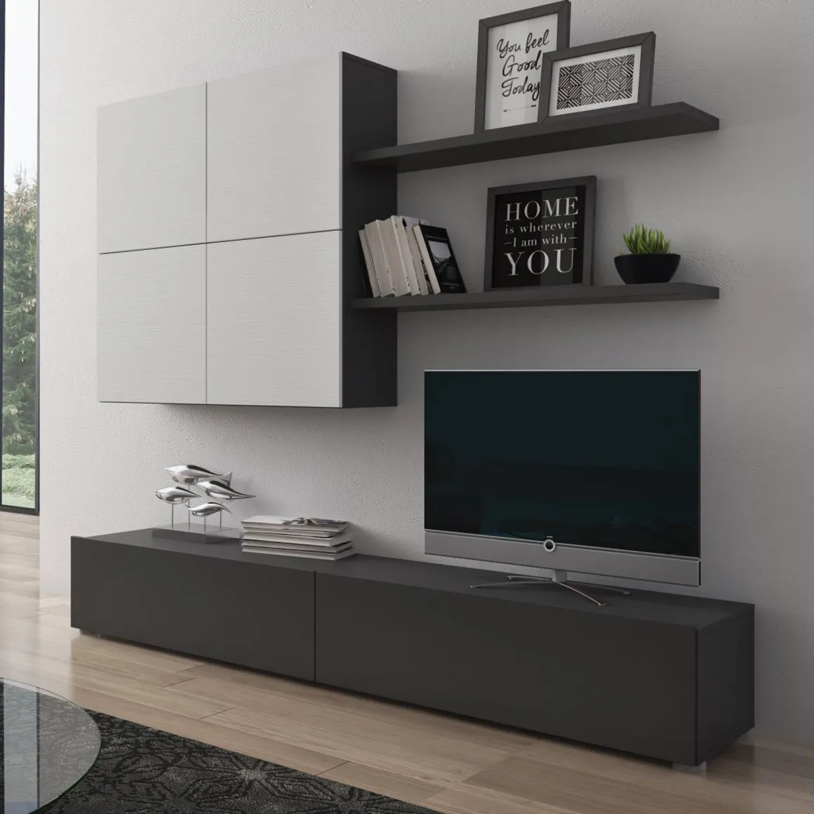 Parete Attrezzata Nero Antracite Bianco Modulabile 4 Ripiani, 6 Ante - Bagnaria