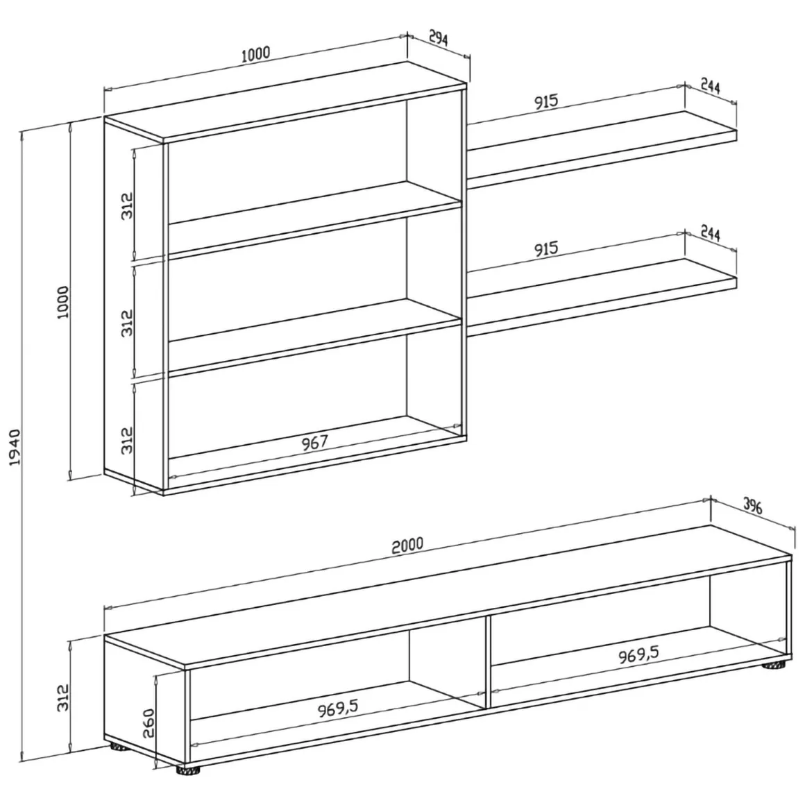 Parete Attrezzata Nero Antracite Bianco Modulabile 4 Ripiani, 6 Ante - Bagnaria
