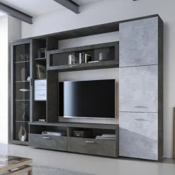 Parete Attrezzata Nero Antracite Grigio Cemento 5 Ripiani 2 Cassetti, Modulabile - Sovizzo
