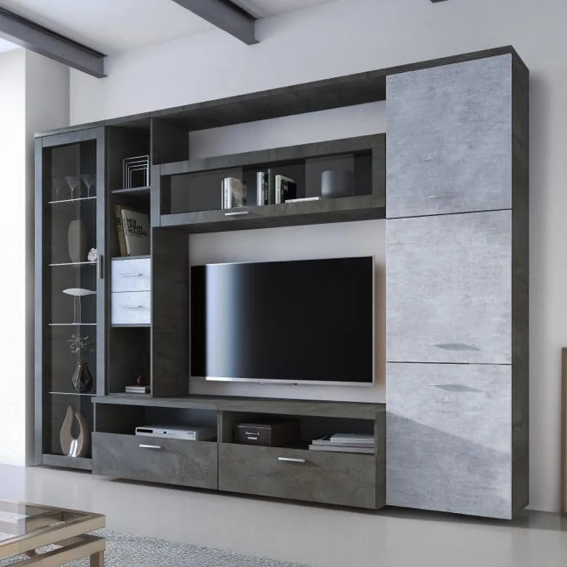Parete Attrezzata Nero Antracite Grigio Cemento 5 Ripiani 2 Cassetti, Modulabile - Sovizzo